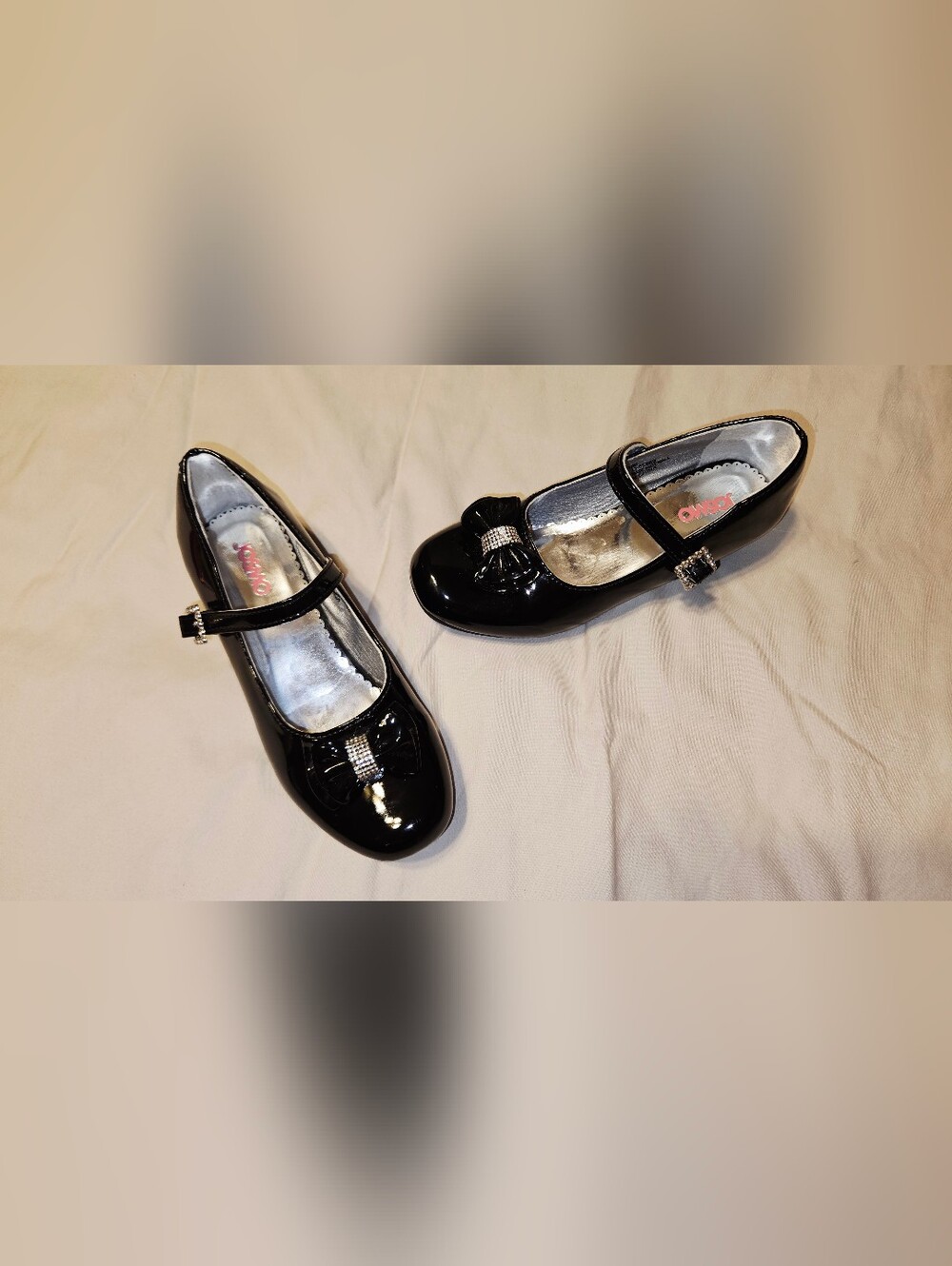 Girls Size 3 Josmo Black Patent Leather Mary Jane Dress Shoes Rhinestone Bow